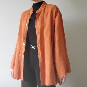 Linen Chore Jacket | Burnt Sienna Nehru Collar Coat with Abalone Shell Buttons